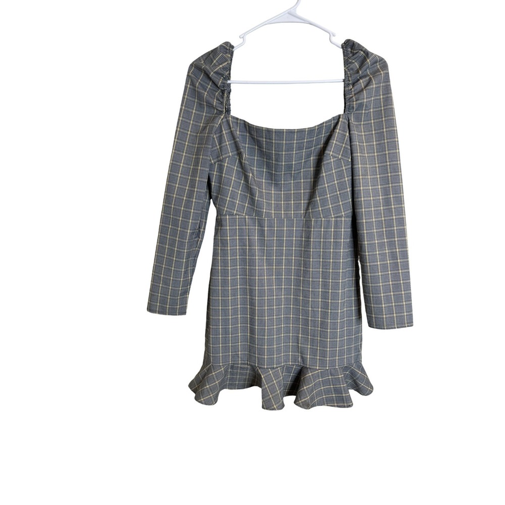 Privacy Please Dress Womens Small Plaid Square Neck Long Sleeve Ruffle Hem Mini